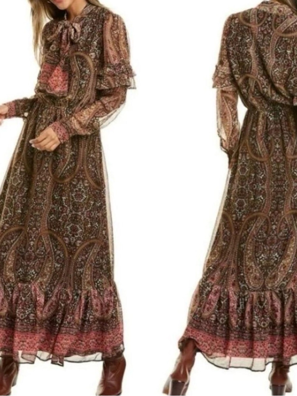 Walter Baker Brown Paisley Tie-Neck Maxi Dress with Pink Accents